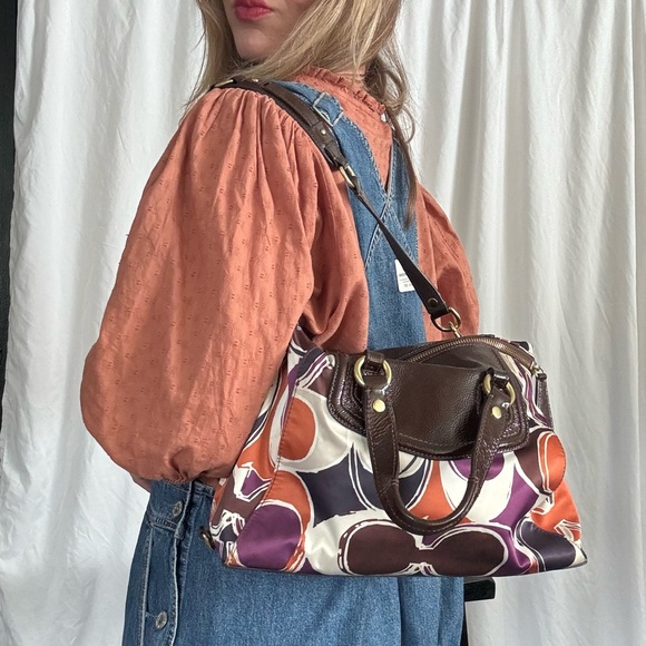COACH ✨💜🧡 retro designer Ashley Scarf  print, medium size satchel purse - Picture 2 of 16